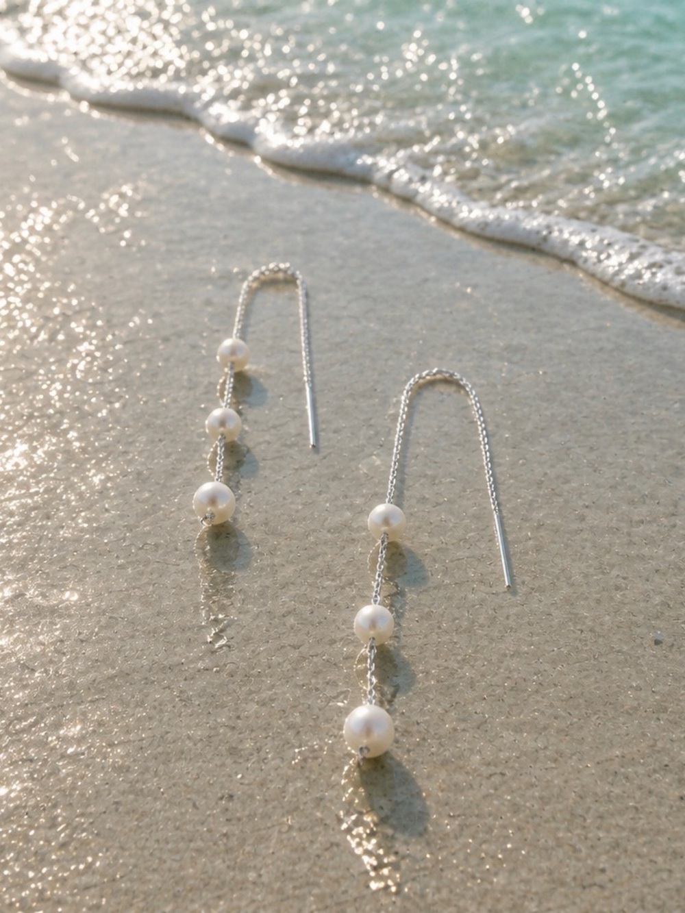 Sterling Threader Earrings with White Pearl Drops